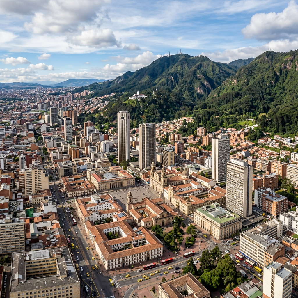 Downtown Bogotá with tall buildings and green Andean mountains behind