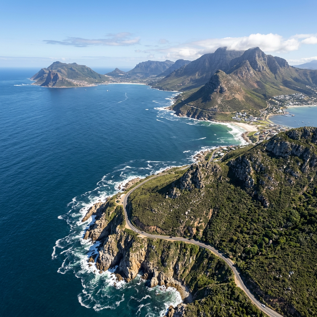 Winding road along rocky coastline with ocean waves and mountains