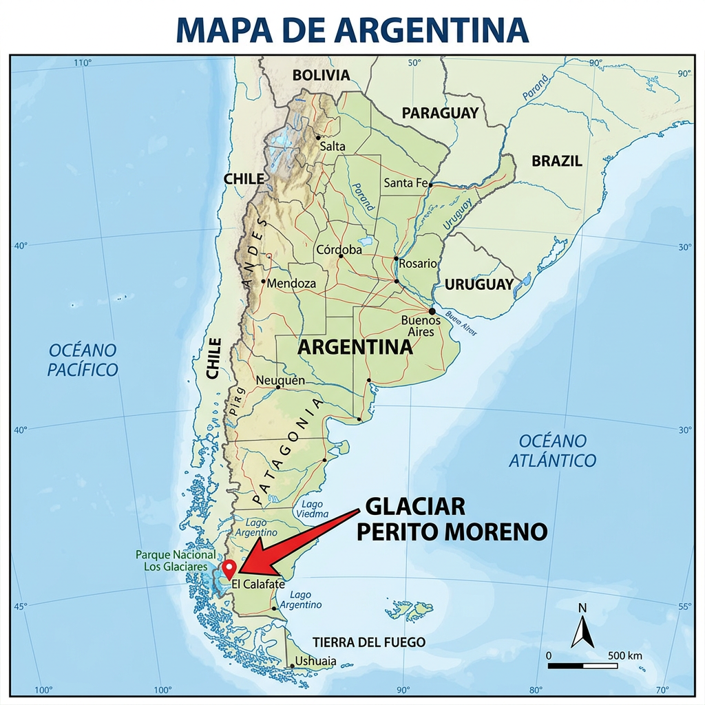 Mapa de Argentina con flecha hacia el glaciar Perito Moreno