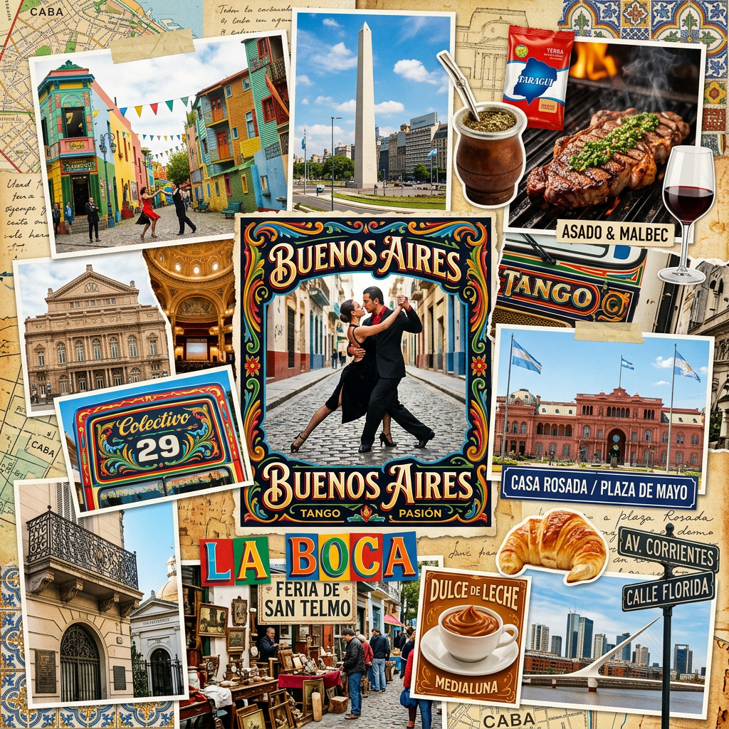 Buenos Aires collage featuring tango, La Boca, Casa Rosada, obelisk, steak, mate, and landmarks