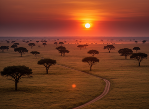 Dramatic landscape of South Africa — vast savanna with acacia trees, golden sunset sky, wildlife silhouettes in the distance, cinematic travel photography style