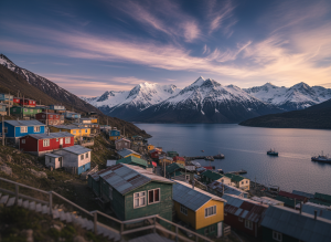 Ushuaia Argentina end of the world, colorful wooden houses on steep hillside, Beagle Channel below, snow-capped mountains, dramatic Patagonian sky, cinematic travel photography