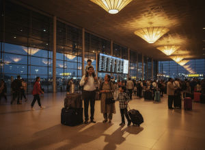 Indira Gandhi International Airport Delhi departure hall, Indian family travelers with luggage, warm interior lighting, evening atmosphere, travel memoir mood, cinematic photography