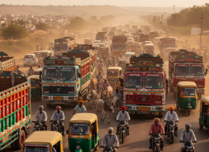 Indian highway chaos, colorfully painted trucks with "Horn Please" signs, cows on road, tuk-tuks, motorcycles with turbans, dusty chaotic traffic, Rajasthan India, cinematic travel photography
