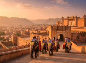 Jaipur Amber Fort India, decorated elephants carrying tourists up the hill, pink city in background, Rajasthan golden hour, cinematic travel photography