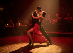 Dramatic tango performance in Buenos Aires — a couple dancing in close embrace on a dimly lit stage, moody red and gold lighting, theatrical atmosphere.